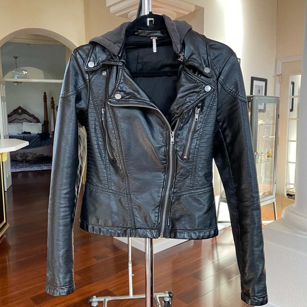 Free People black faux leather moto jacket with detachable hood. Size 2.